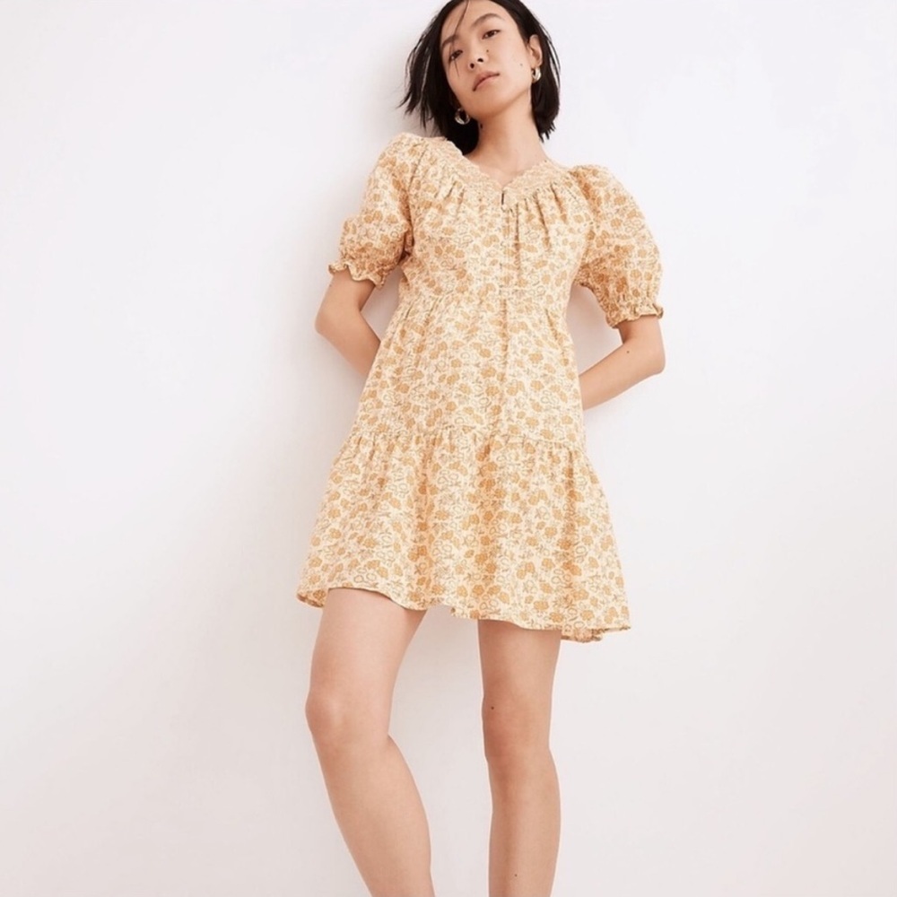 Madewell Eyelet-Trim Tiered Floral Mini Dress French Vanilla 100% Cotton Size XS
